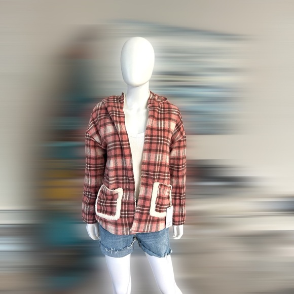 NEW IN Plaid open front faux Sherpa jacket S M L - Picture 7 of 10